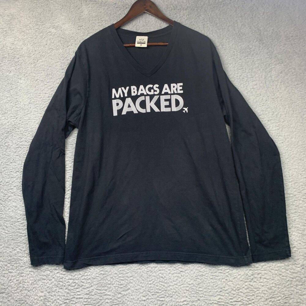 ATX Mafia Shirt Womens XL Black Long Sleeve V Neck My Bags Are Packed Tee Travel